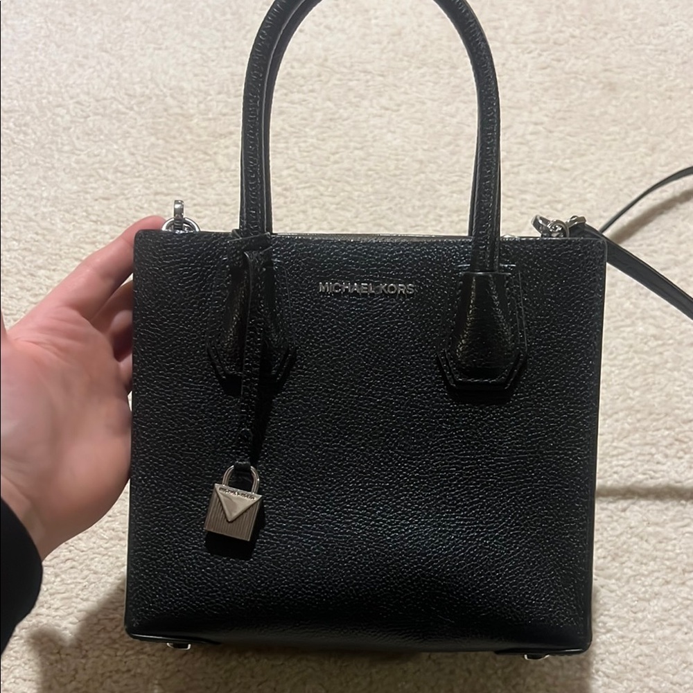 Michael Kors Black Crossbody Bag with Textured Leather and Silver Hardware